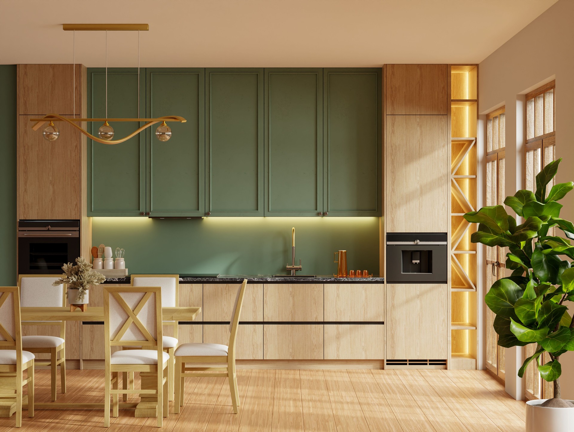 Contemporary kitchen interior featuring green upper cabinets, light wooden lower cabinets, built-in appliances, and a cozy dining area- 3D rendering