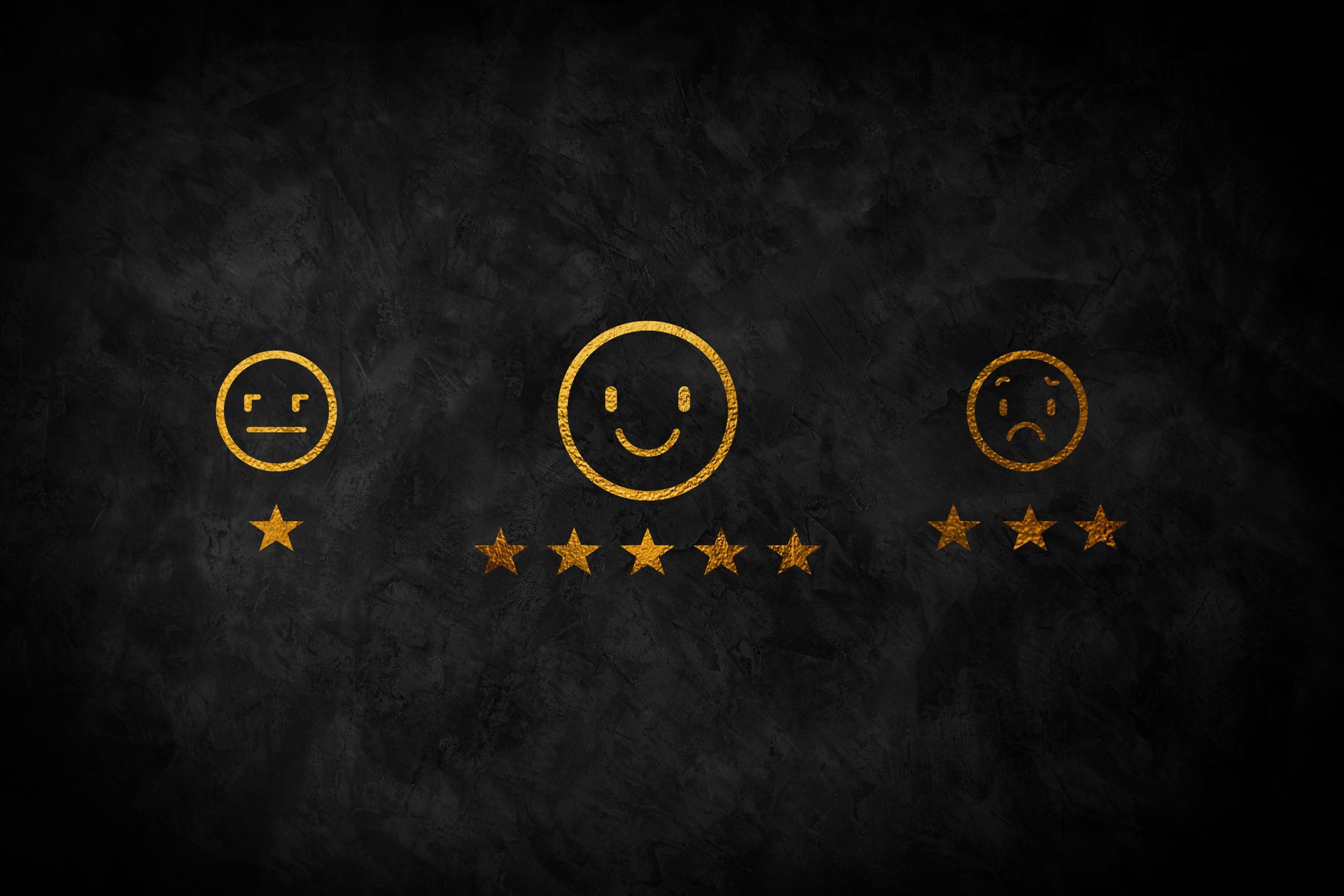 Customer satisfaction concept. Rating with five stars gold symbol and Smiley Face for her Satisfaction.