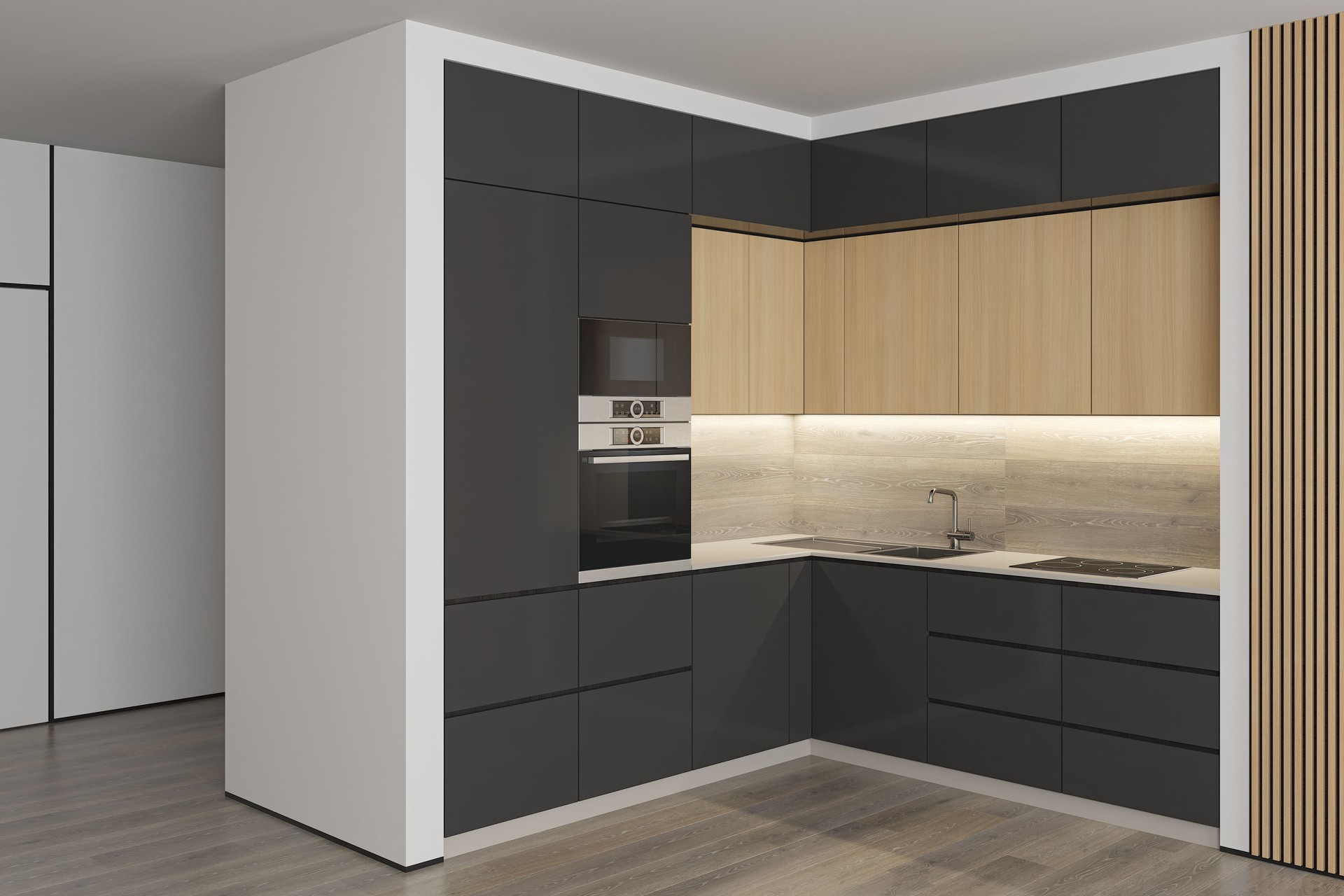 Modern Small Black and wood minimalist kitchen L shape. Black and wooden matte materials. Oak wood details.
