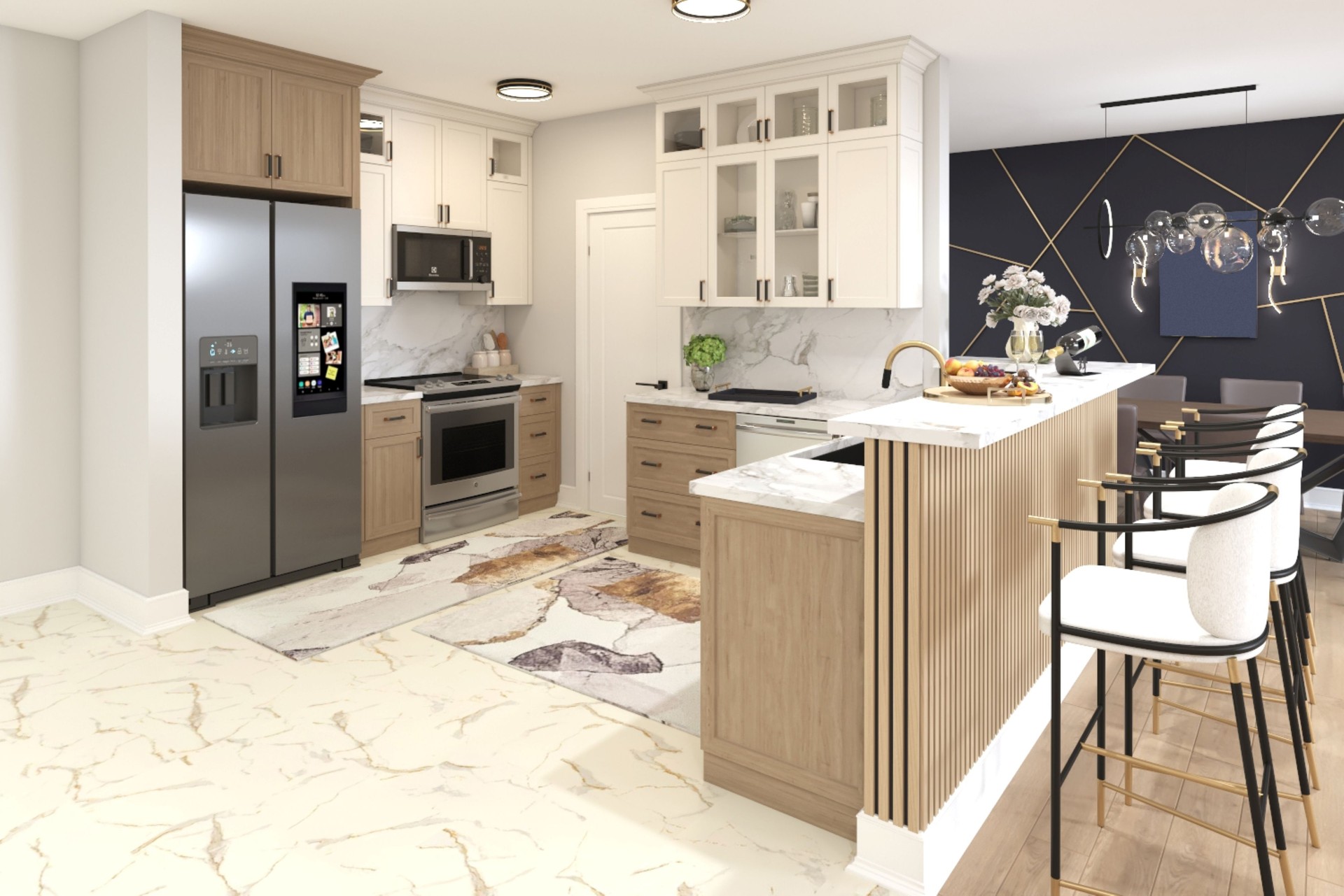 Modern Open-Concept Kitchen Design with Marble Accents and Wooden Cabinets